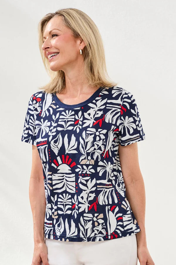 Tribal Printed Slub Knit Crew Neck Top
