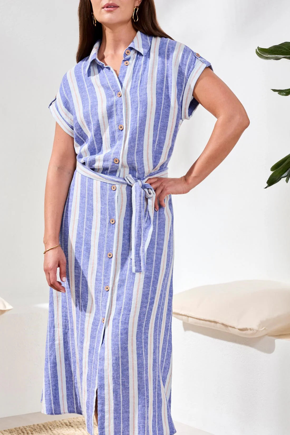 Tribal Short-Sleeve Striped Shirt Dress