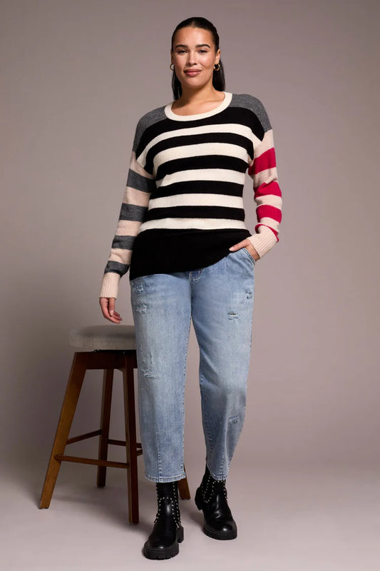 Tribal Soft Knit Combo Striped Boat Neck Sweater