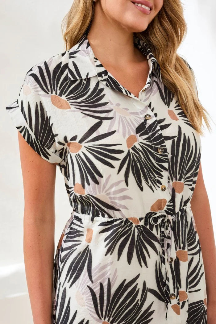 Tribal Soft Woven Tie‑Waist Button‑Up Shirt Dress