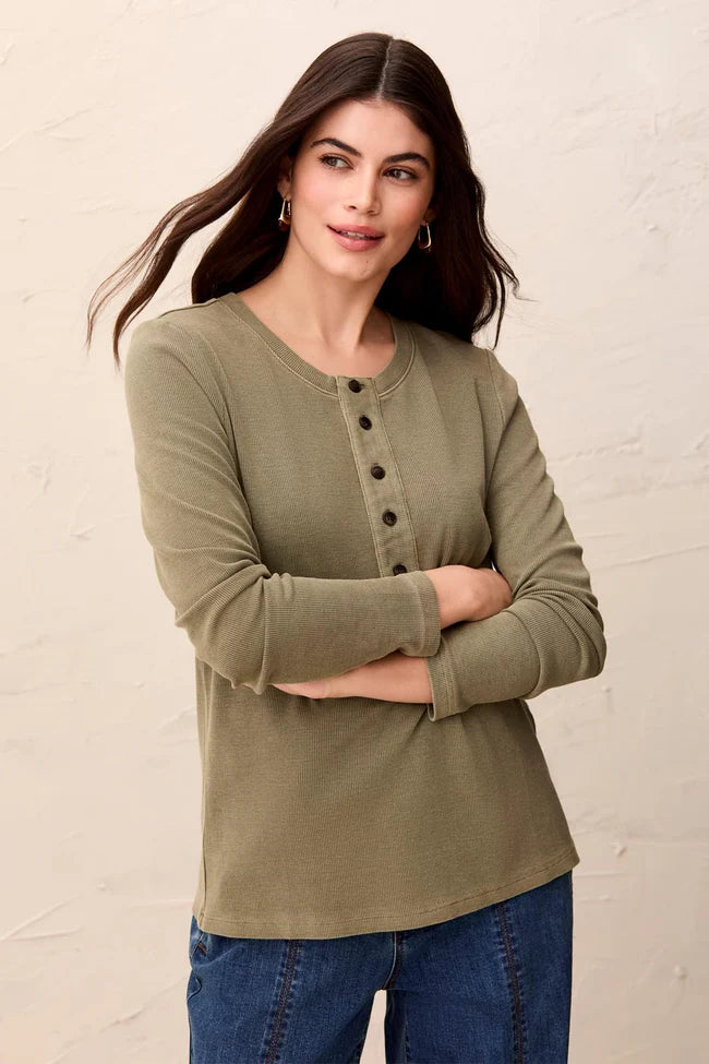 Tribal Special Wash Long Sleeve Buttoned Henley Top