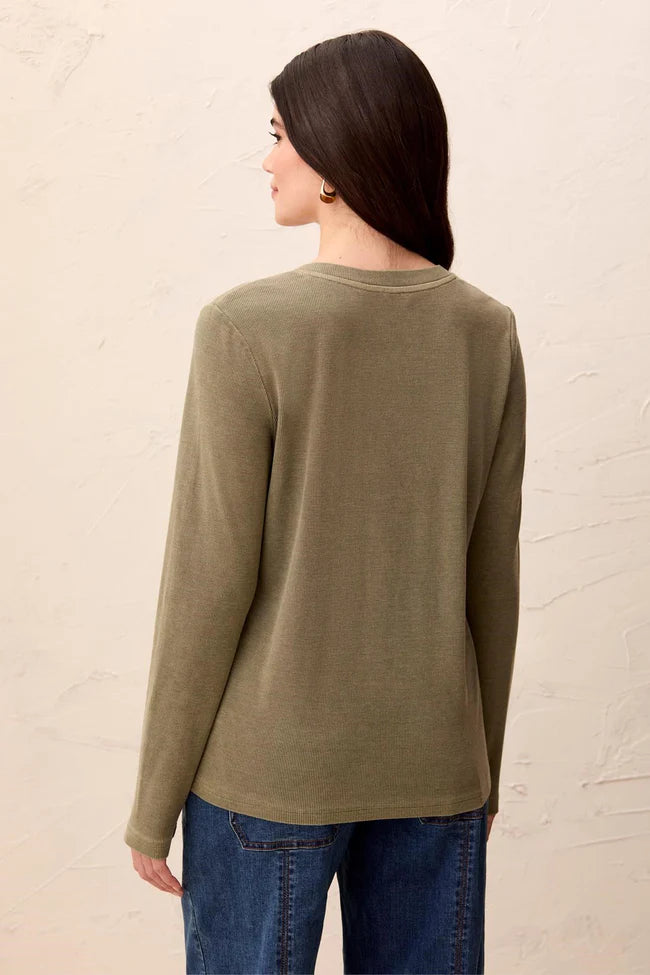 Tribal Special Wash Long Sleeve Buttoned Henley Top