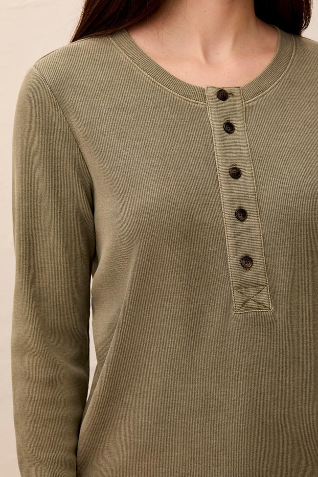 Tribal Special Wash Long Sleeve Buttoned Henley Top