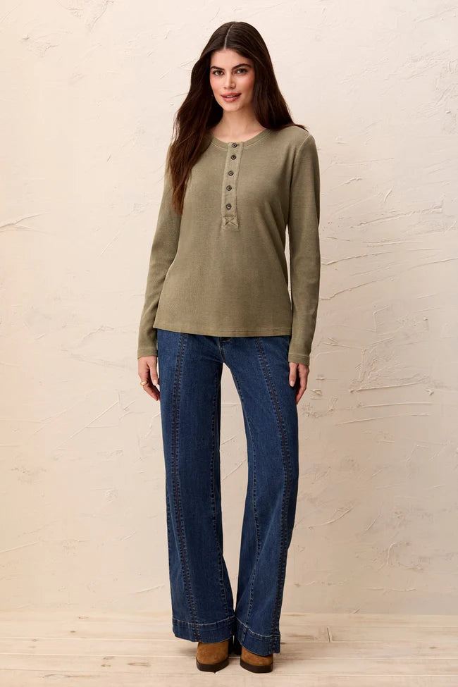 Tribal Special Wash Long Sleeve Buttoned Henley Top
