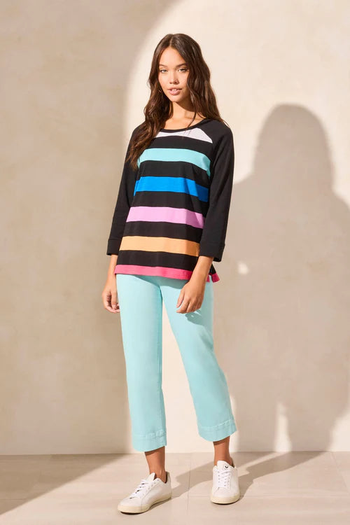 Tribal Striped Cotton Slub Raglan Sleeve Crew Neck Top