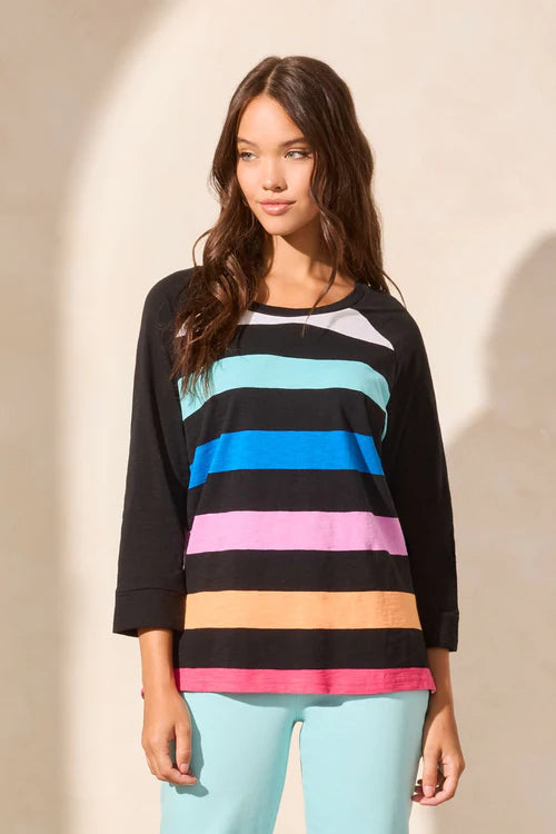 Tribal Striped Cotton Slub Raglan Sleeve Crew Neck Top