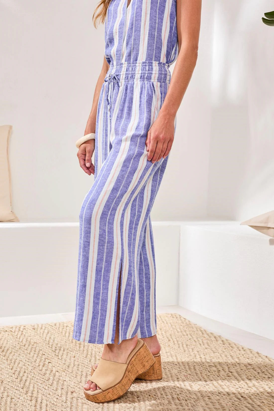 Tribal Flowy Linen Wide‑Leg Pants With Elastic Comfort Waist