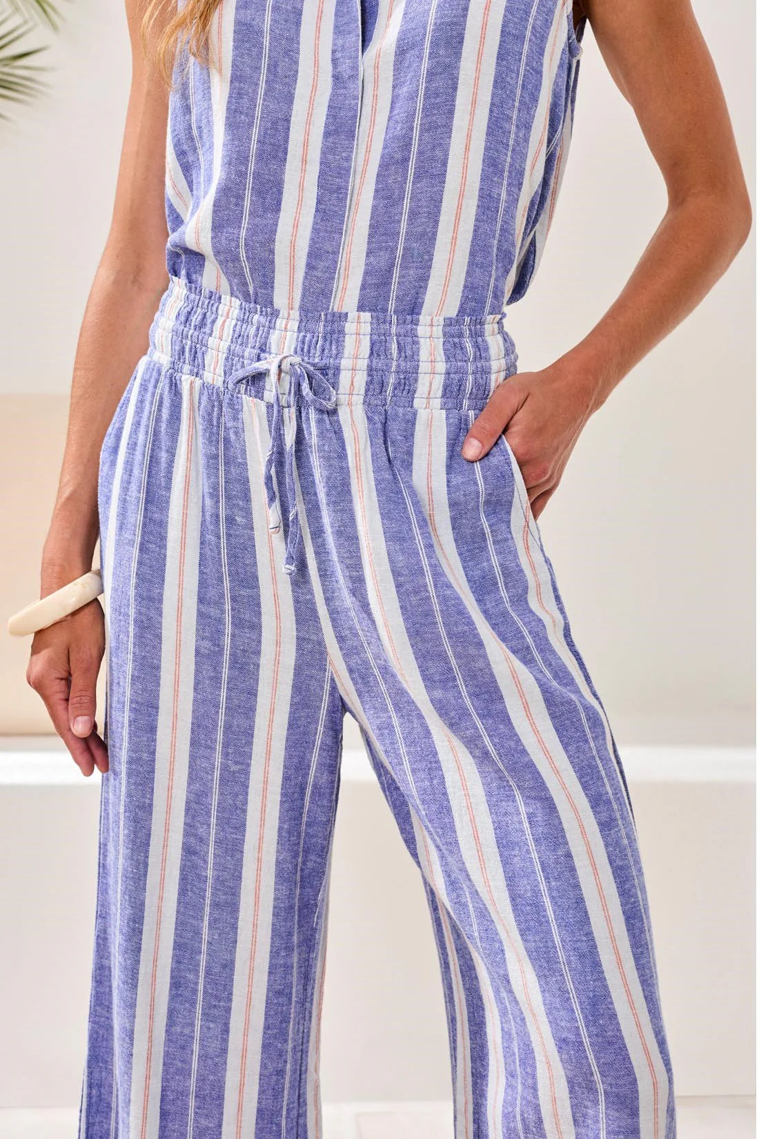 Tribal Flowy Linen Wide‑Leg Pants With Elastic Comfort Waist