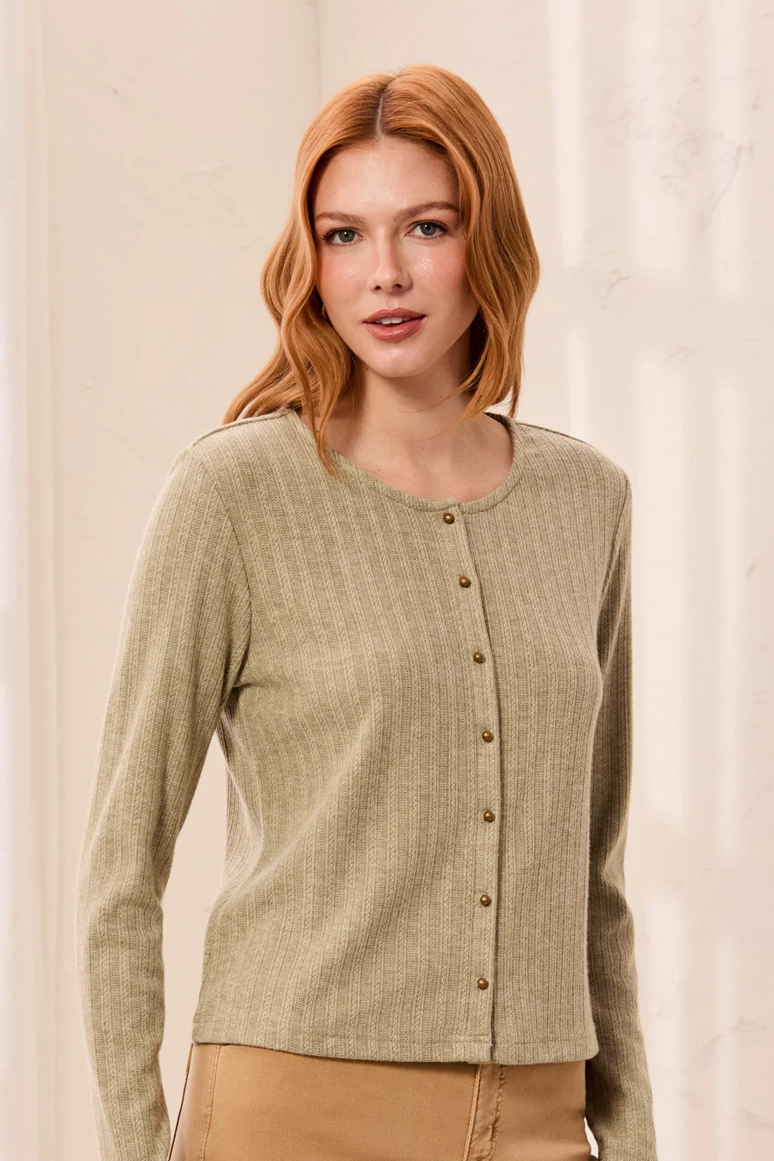 Tribal Soft Textured Crew Neck Button-Front Long Sleeve Knit Top