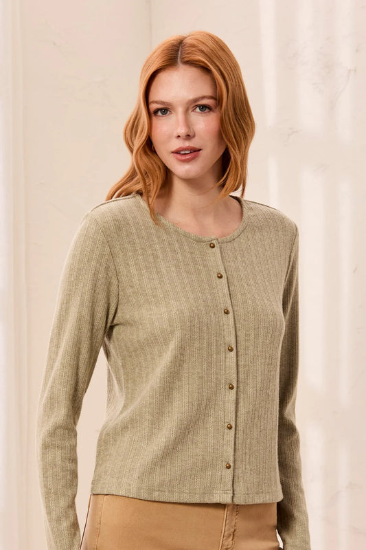 Tribal Soft Textured Crew Neck Button-Front Long Sleeve Knit Top