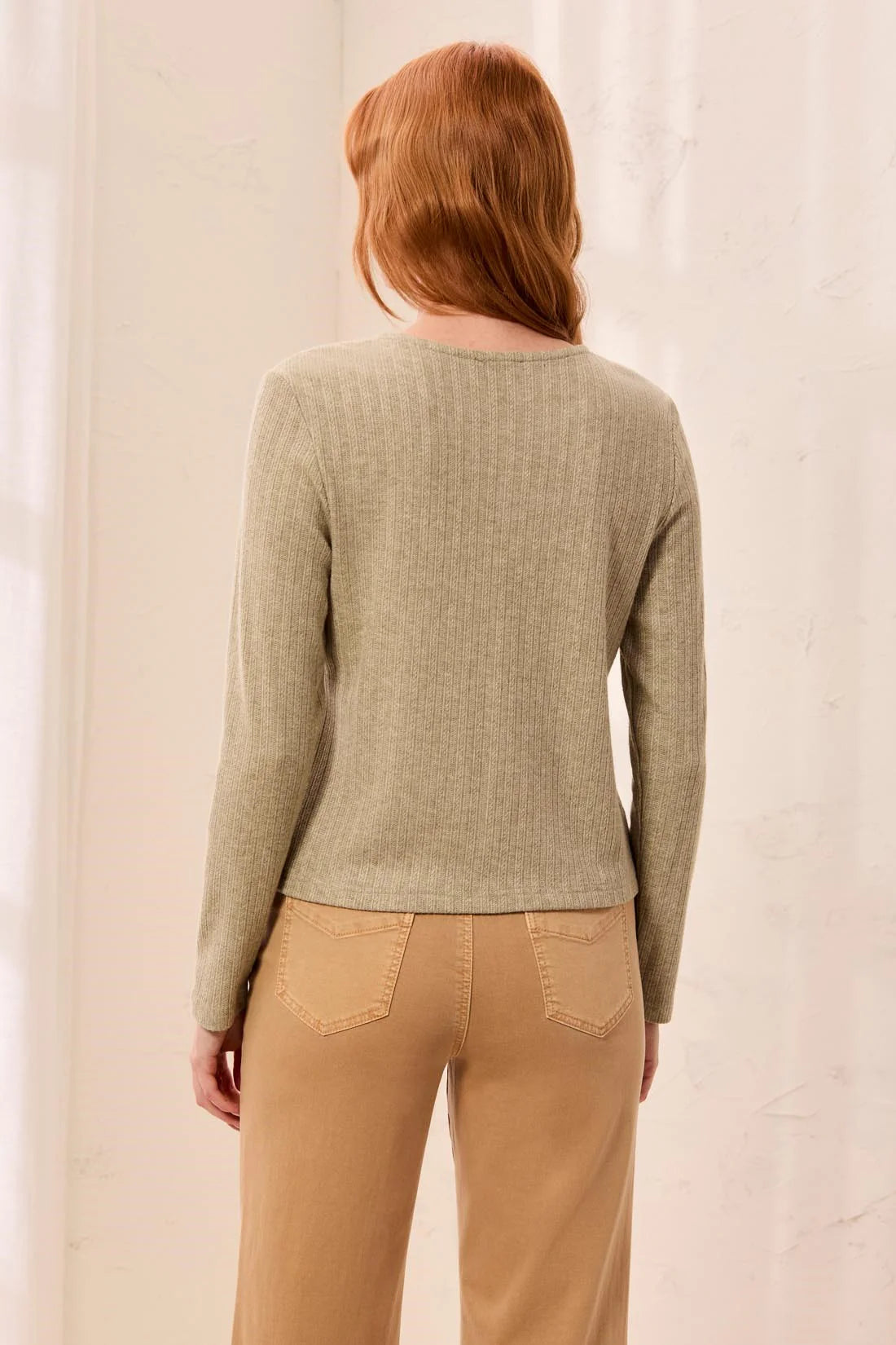 Tribal Soft Textured Crew Neck Button-Front Long Sleeve Knit Top