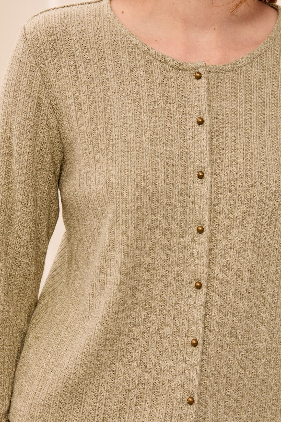 Tribal Soft Textured Crew Neck Button-Front Long Sleeve Knit Top