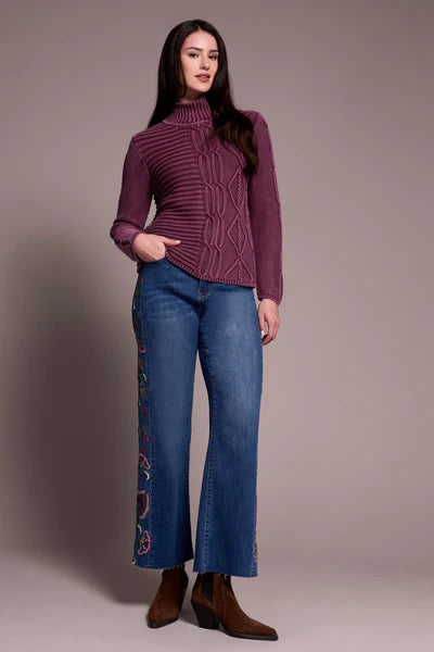 Tribal Vintage Washed Cable Knit Mock Neck Sweater