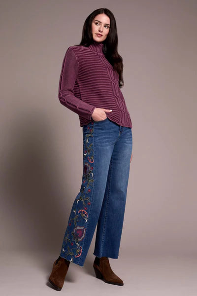 Tribal Vintage Washed Cable Knit Mock Neck Sweater