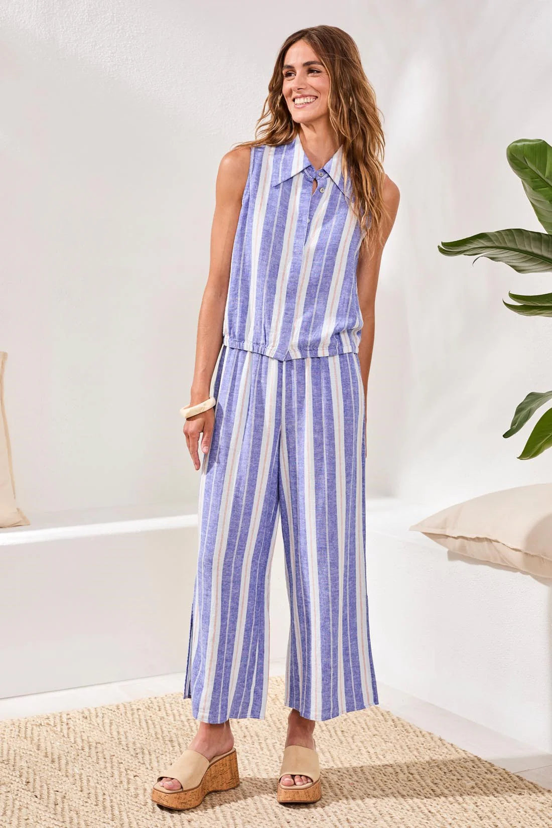 Tribal Sleeveless Linen Button‑Front Top with Elastic Waist Detail