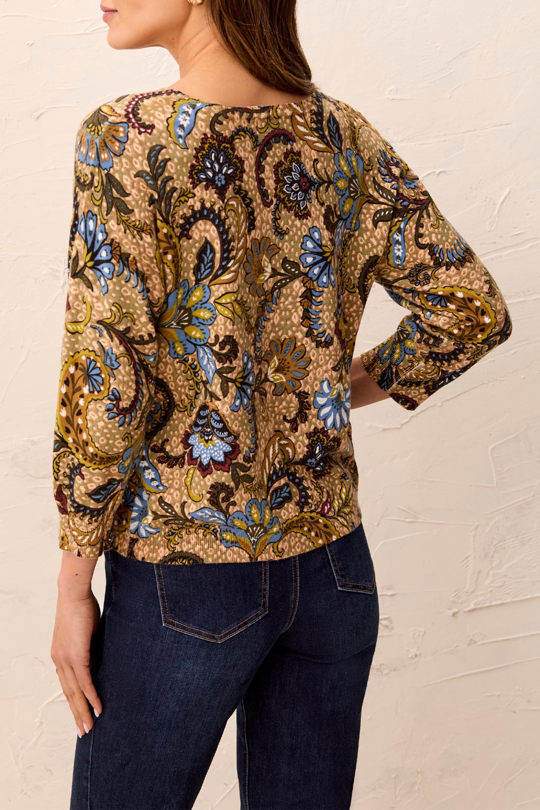 Tribal Soft Yarn Three-Quarter Sleeve Crewneck Sweater