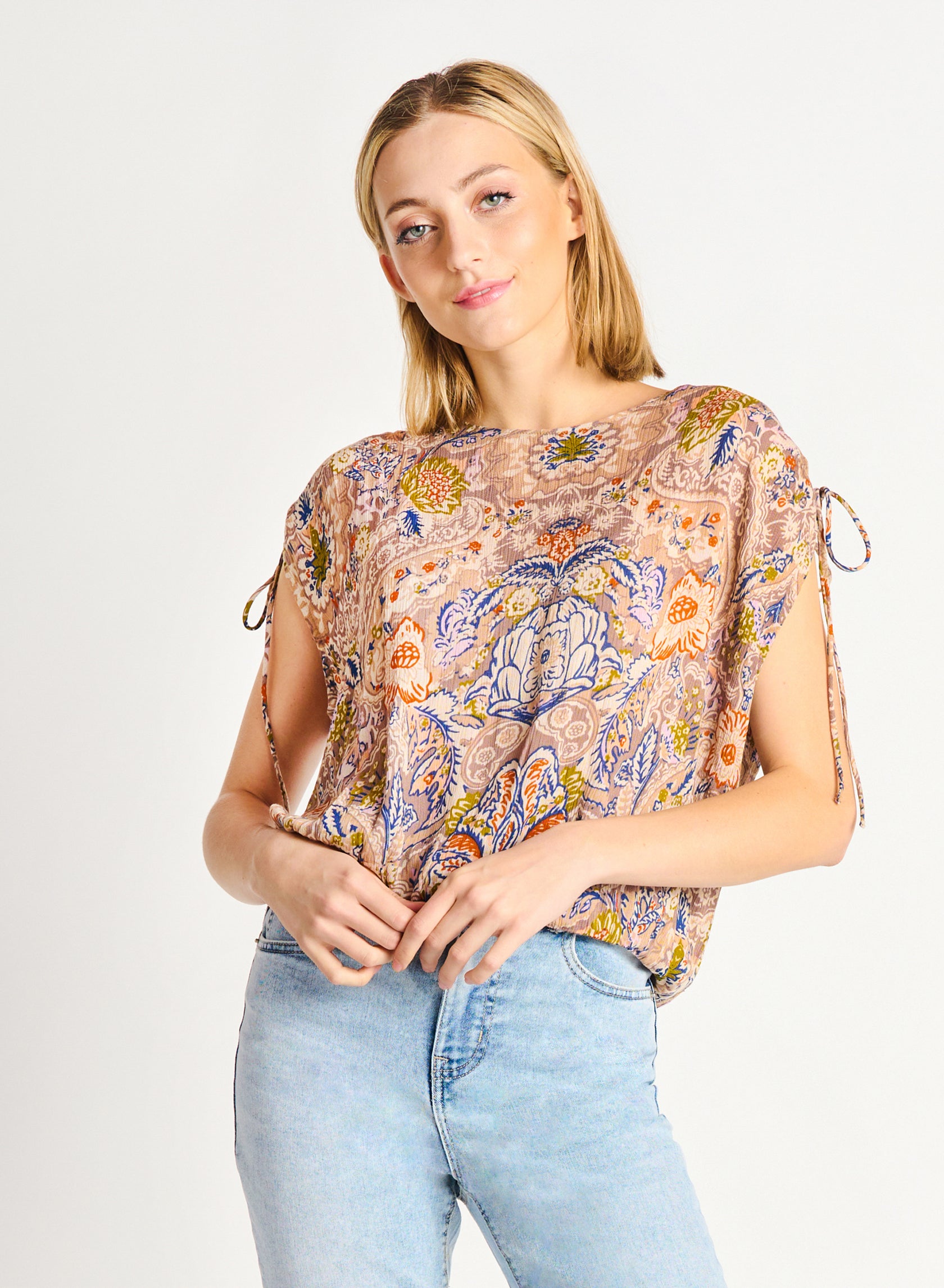 Dex Drawstring Shoulder Elastic Hem Top