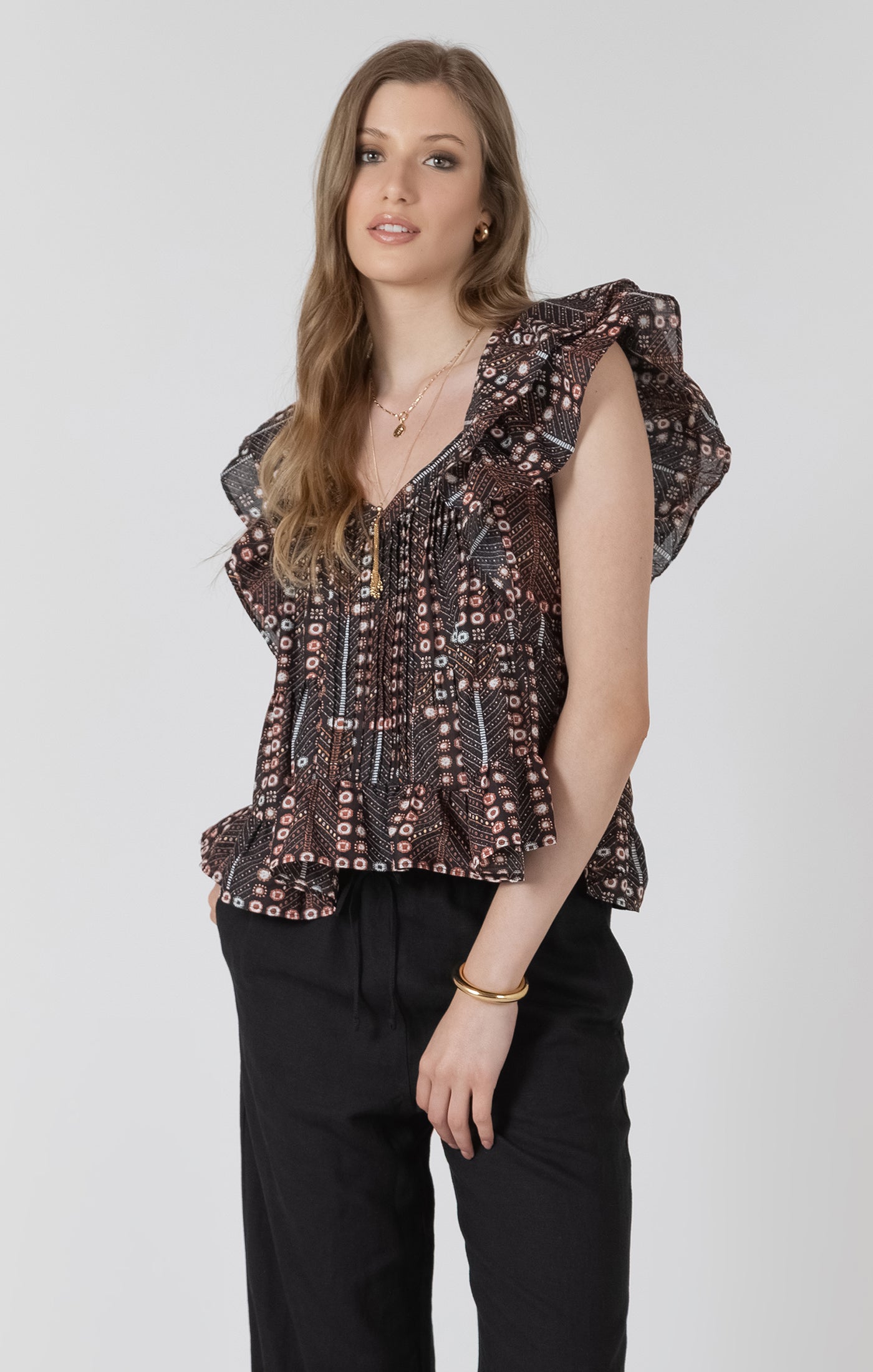 Black Tape Printed Ruffled Tencel Blouse