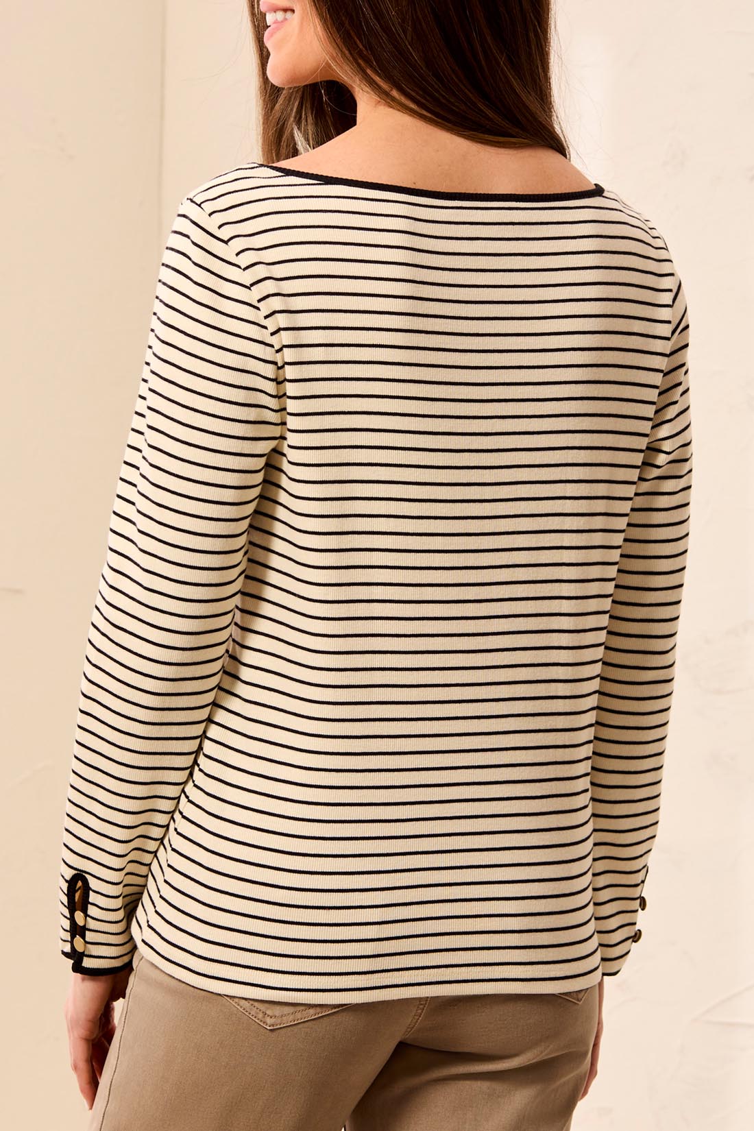 Tribal Striped Boat Neck Long Sleeve Knit Top With Button Cuffs