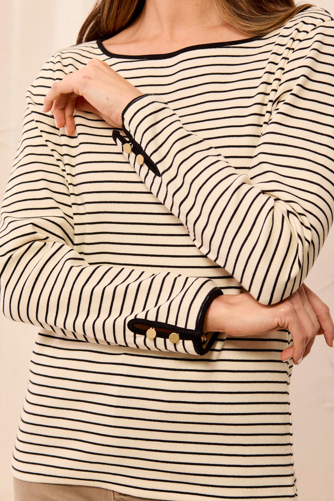 Tribal Striped Boat Neck Long Sleeve Knit Top With Button Cuffs