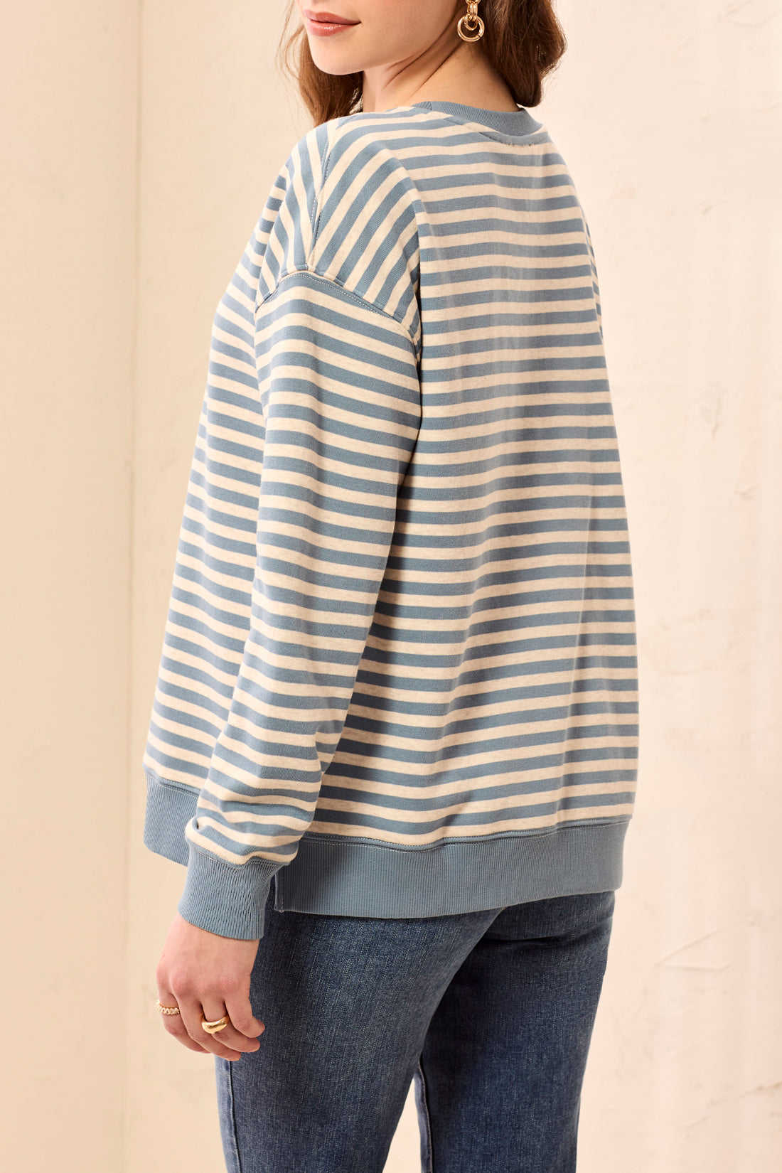 Tribal Cotton Crewneck Drop‑Shoulder Long Sleeve Top with Combo Trim