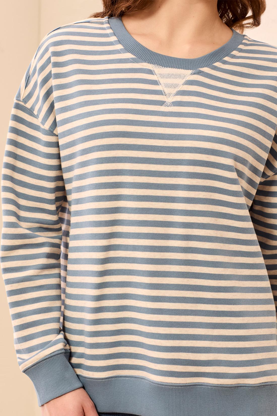 Tribal Cotton Crewneck Drop‑Shoulder Long Sleeve Top with Combo Trim