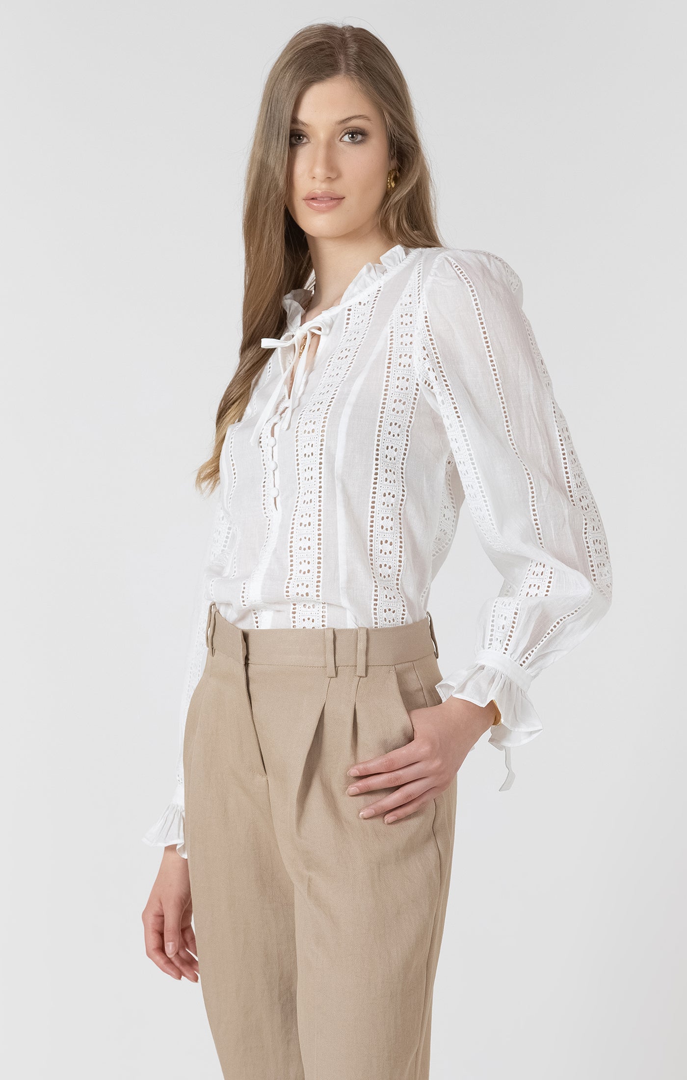 Black Tape Tie-Cuff Lace Insert Blouse