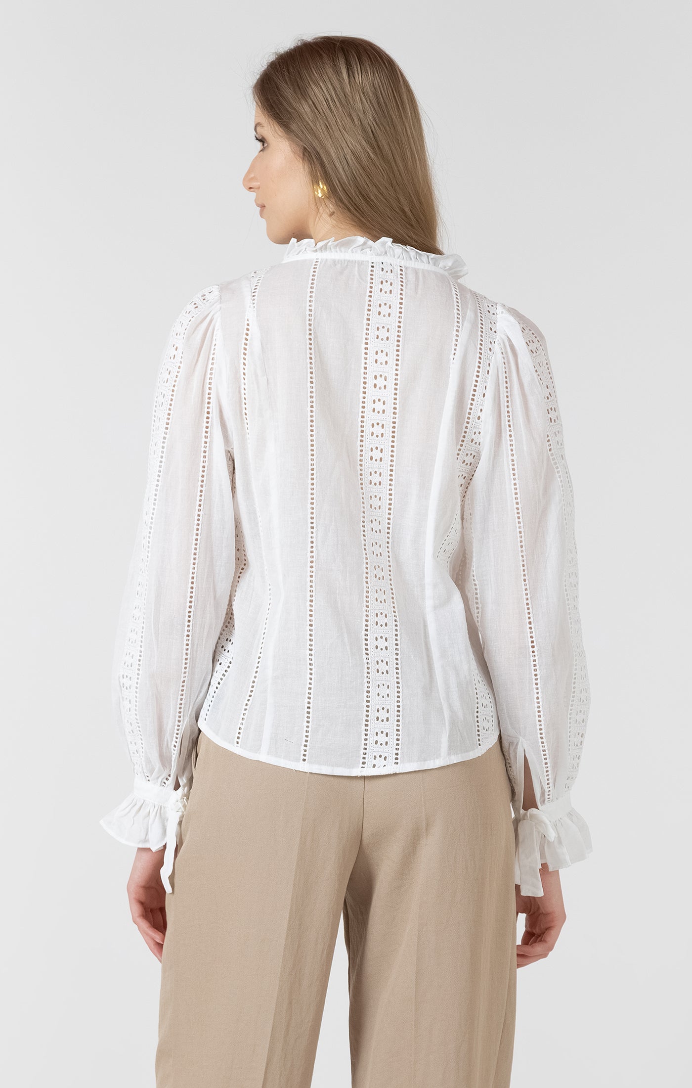 Black Tape Tie-Cuff Lace Insert Blouse