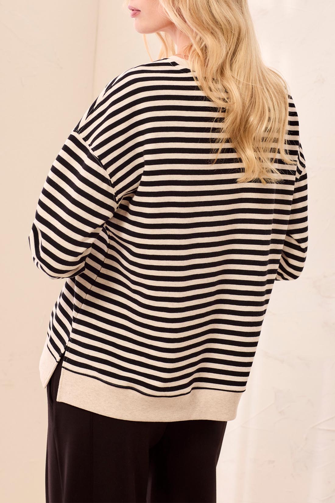 Tribal Cotton Crewneck Drop‑Shoulder Long Sleeve Top with Combo Trim