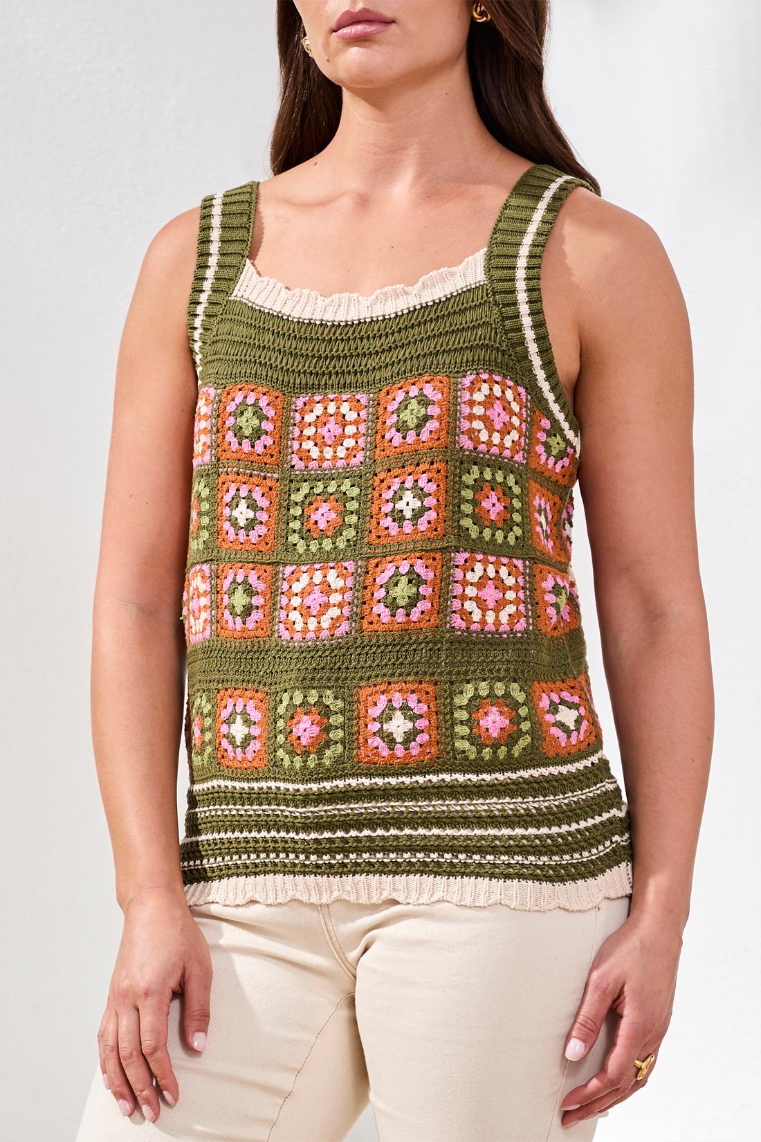 Tribal Wide Strap Crochet Detail Cami Sweater