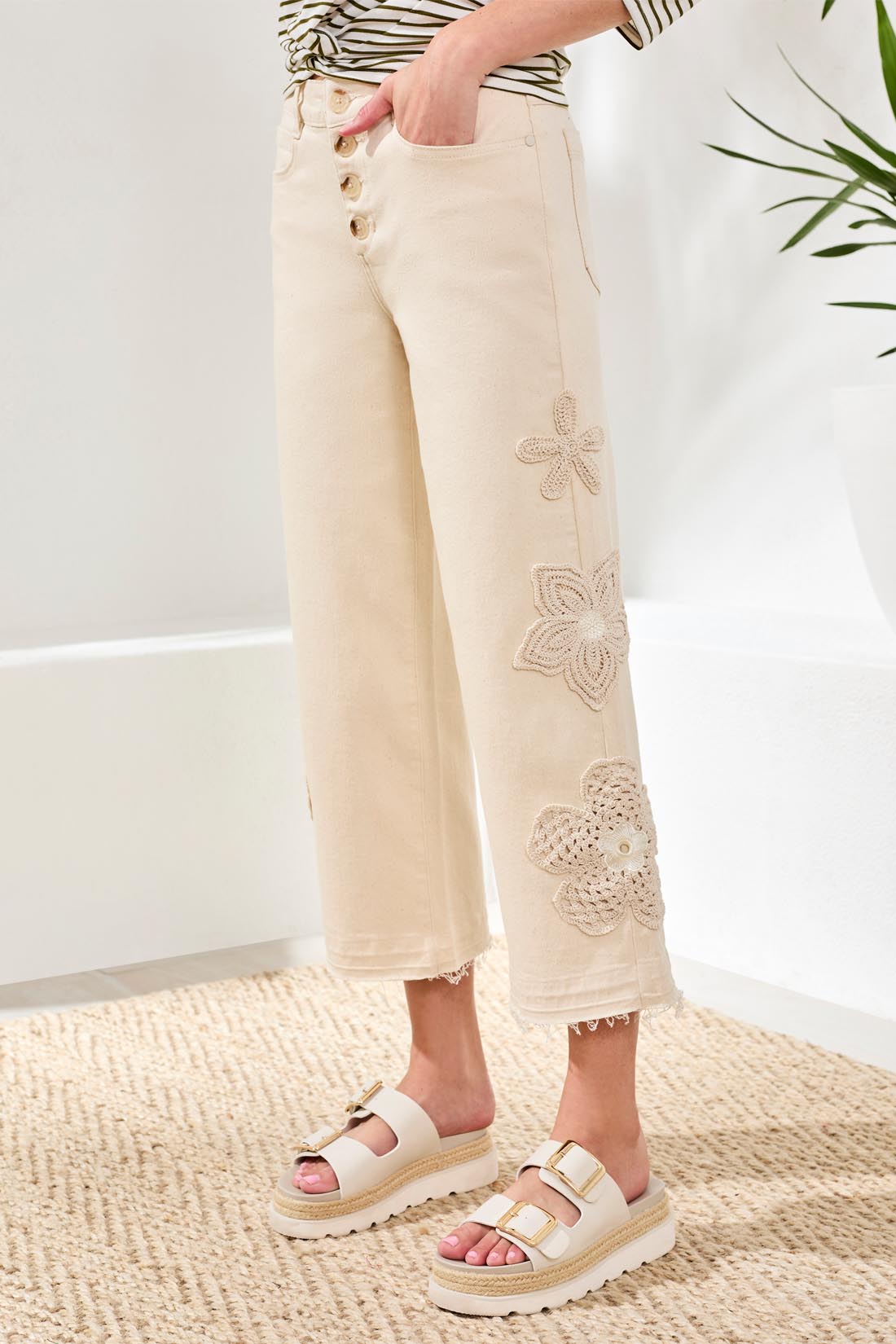 Tribal Audrey Button Fly Wide Crop With Crochet