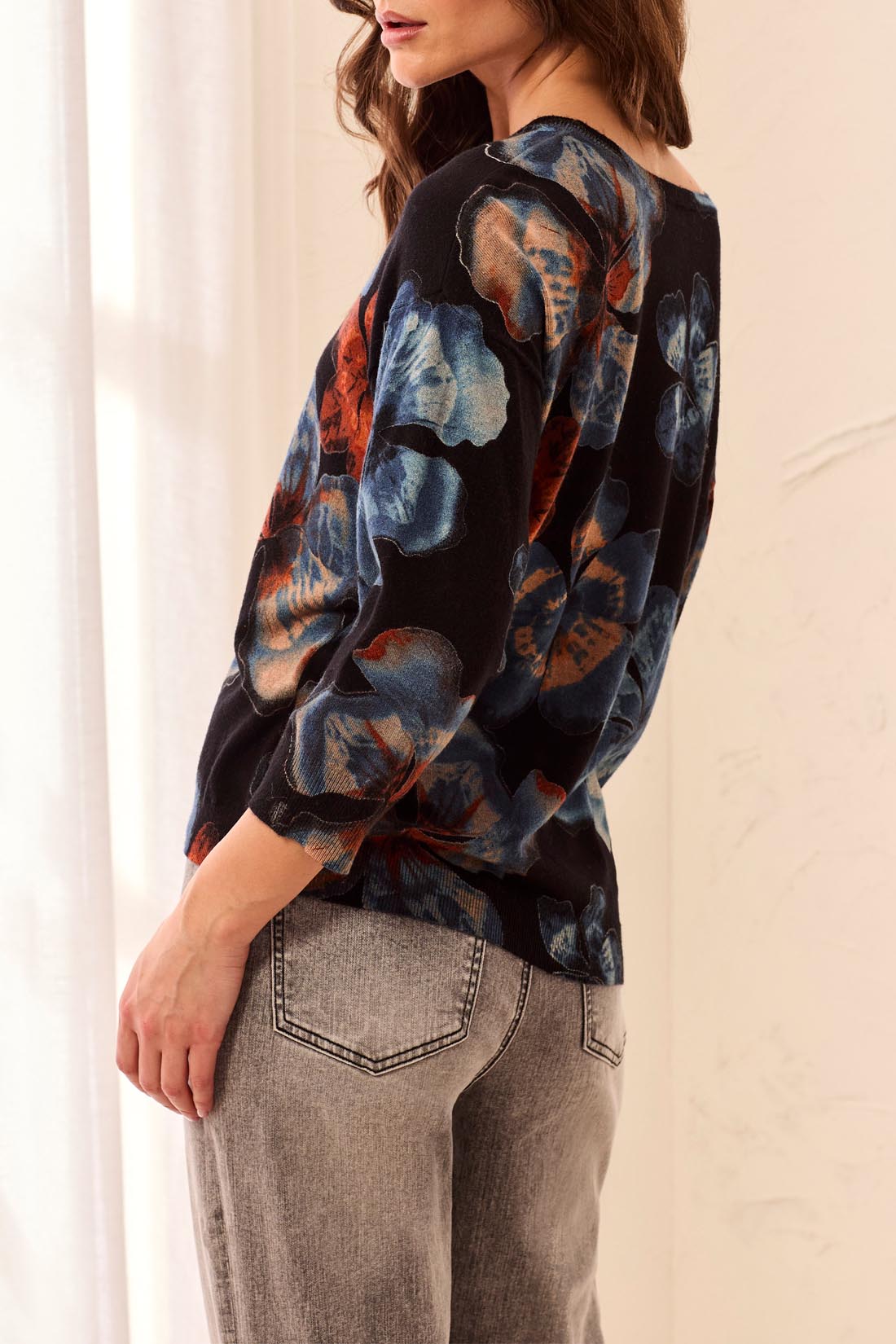 Tribal Soft Yarn Three-Quarter Sleeve Crewneck Sweater