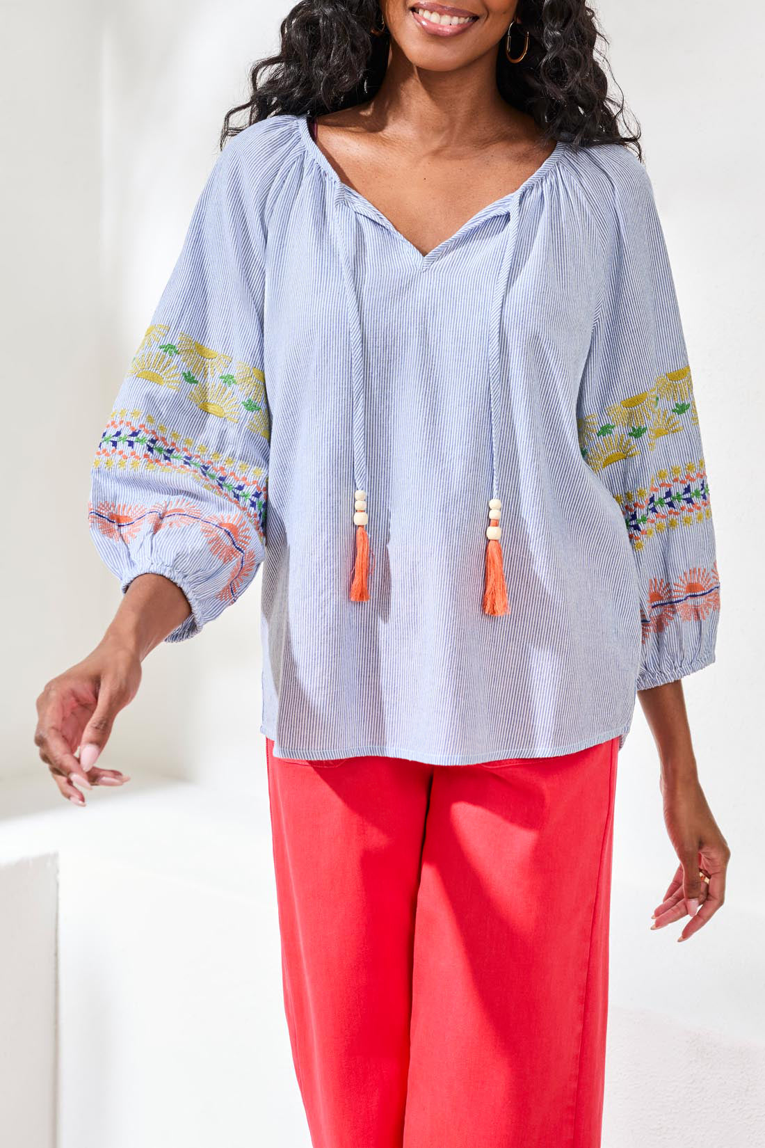 Tribal Raglan Sleeve Blouse With Embroidery
