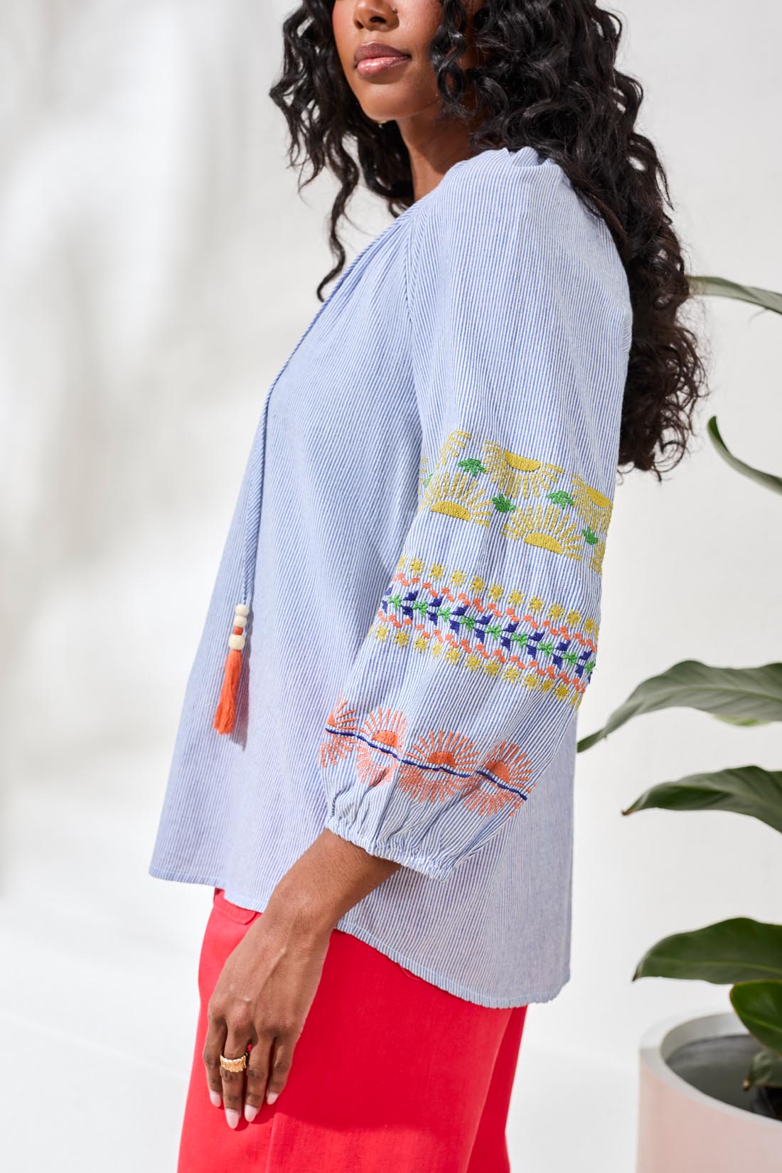 Tribal Raglan Sleeve Blouse With Embroidery