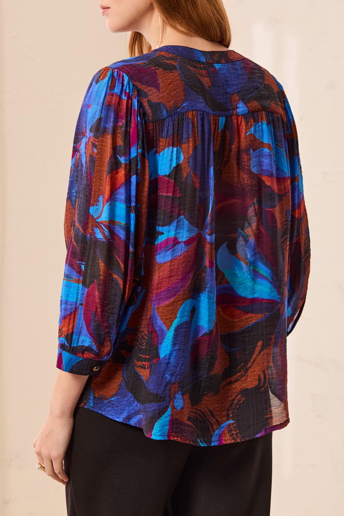 Tribal Flowy Dolman Sleeve Blouse With Self-Covering Buttons