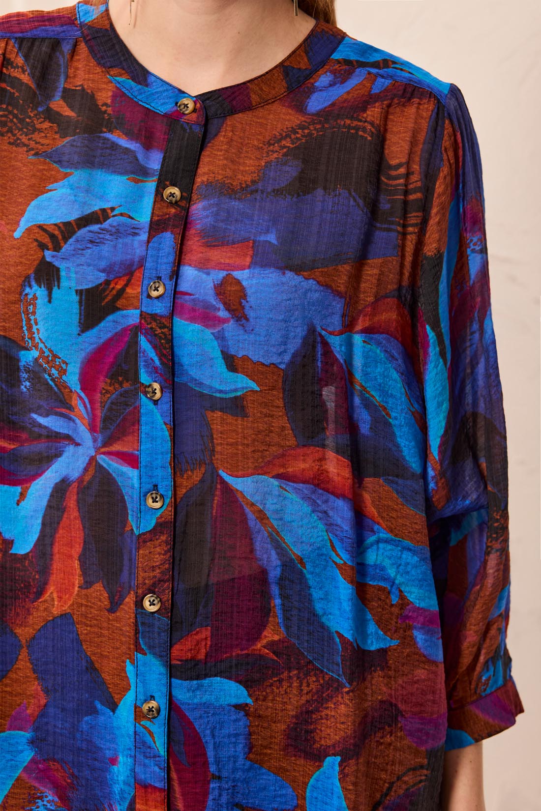 Tribal Flowy Dolman Sleeve Blouse With Self-Covering Buttons