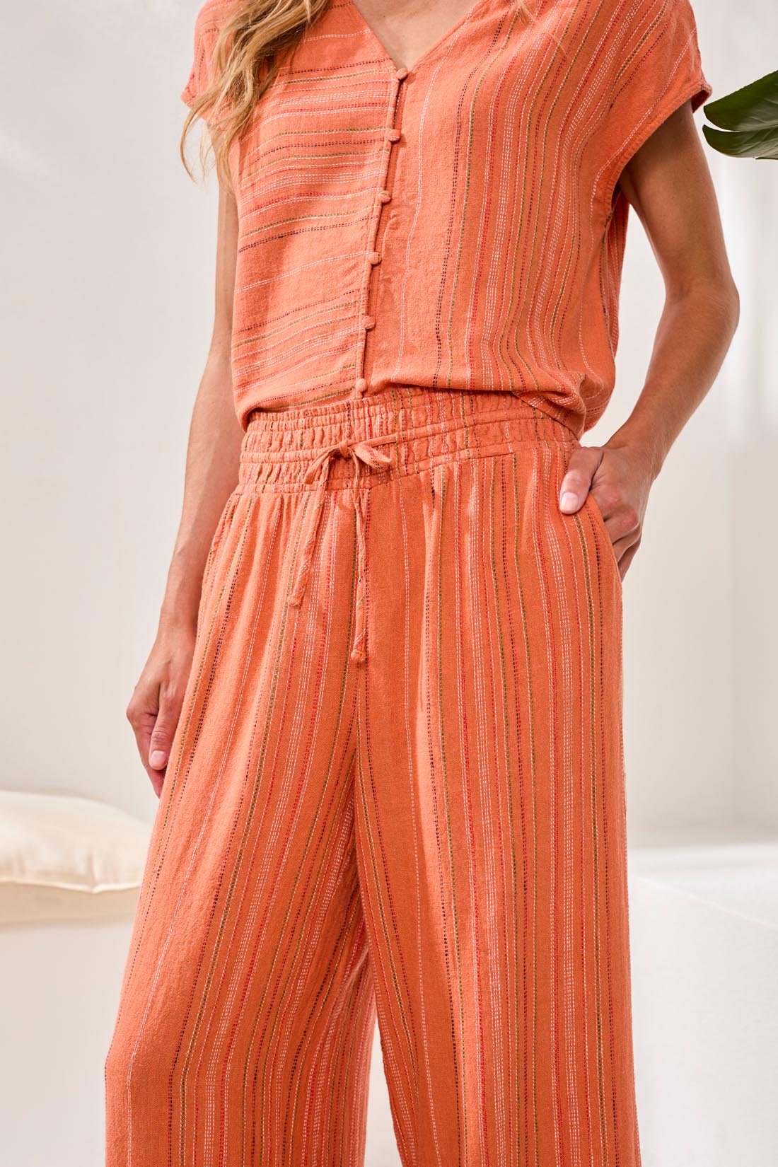 Tribal Flowy Linen Wide‑Leg Pants With Elastic Comfort Waist