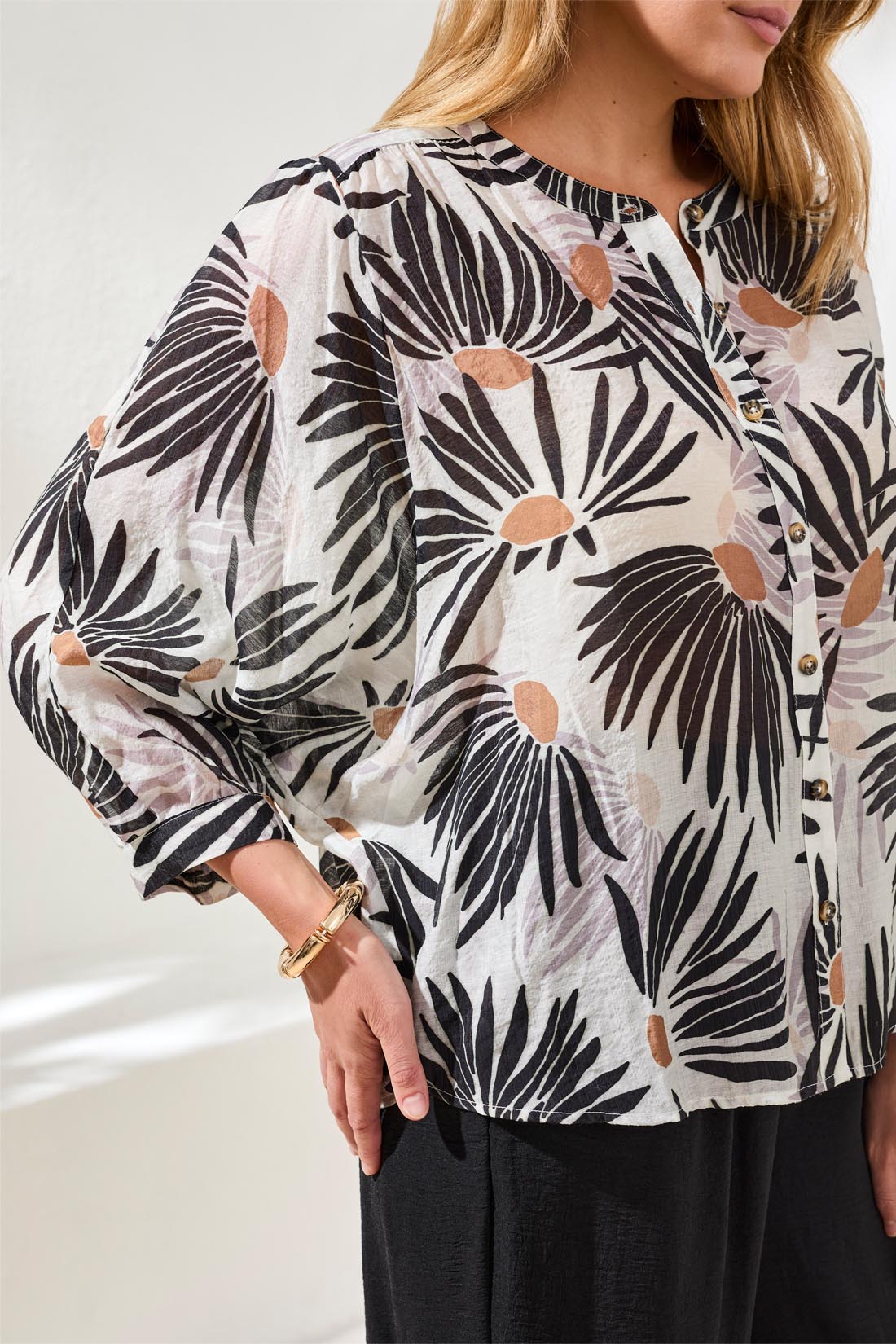 Tribal Flowy Dolman Sleeve Blouse With Self-Covering Buttons