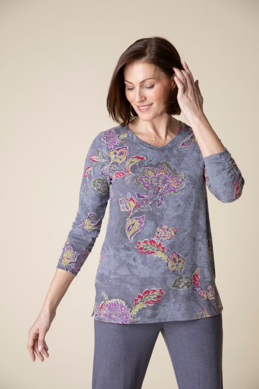 Habitat Fleece Floral Ruched Sleeve V-Neck