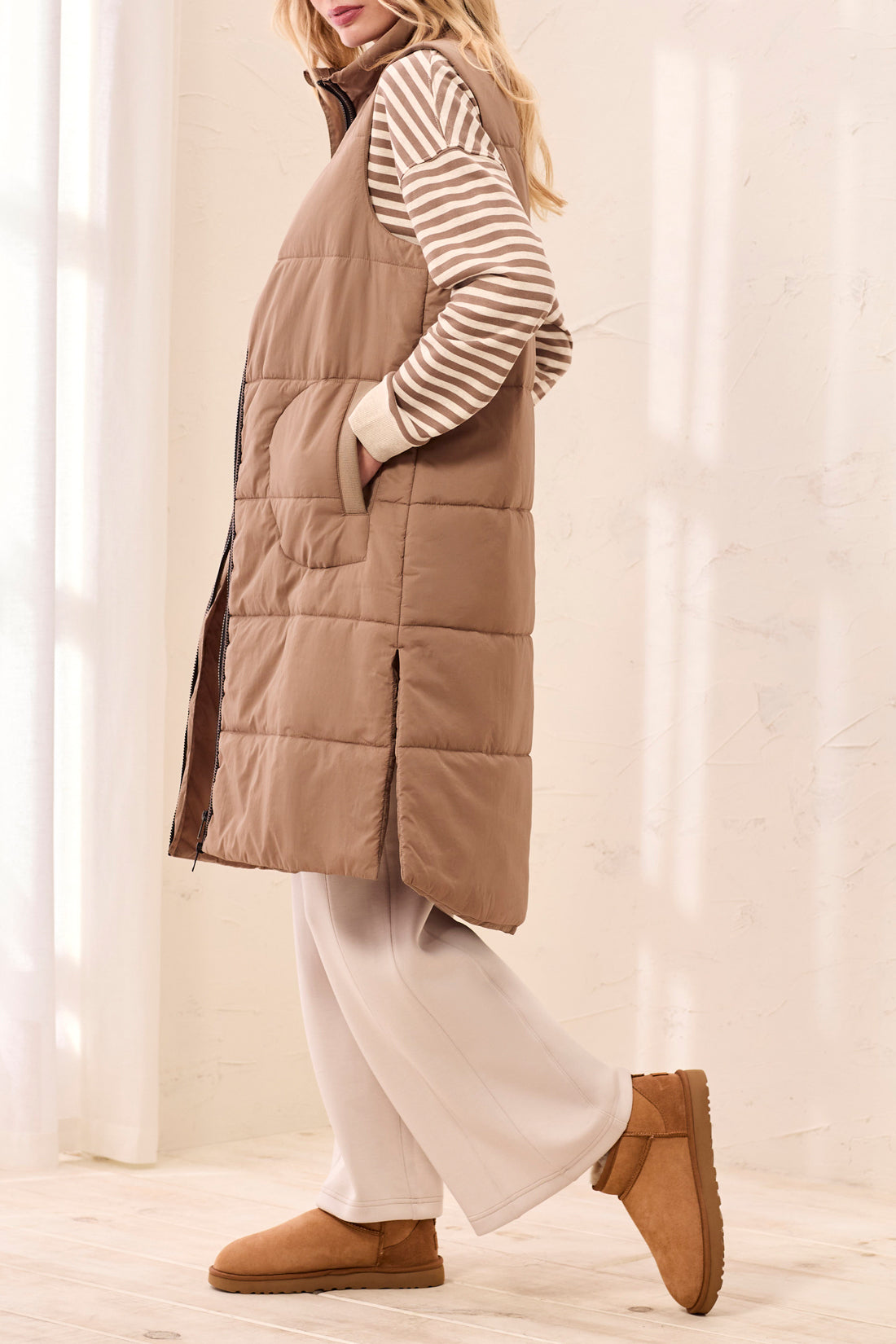 Tribal Fossil Long Zip-Front Quilted Vest
