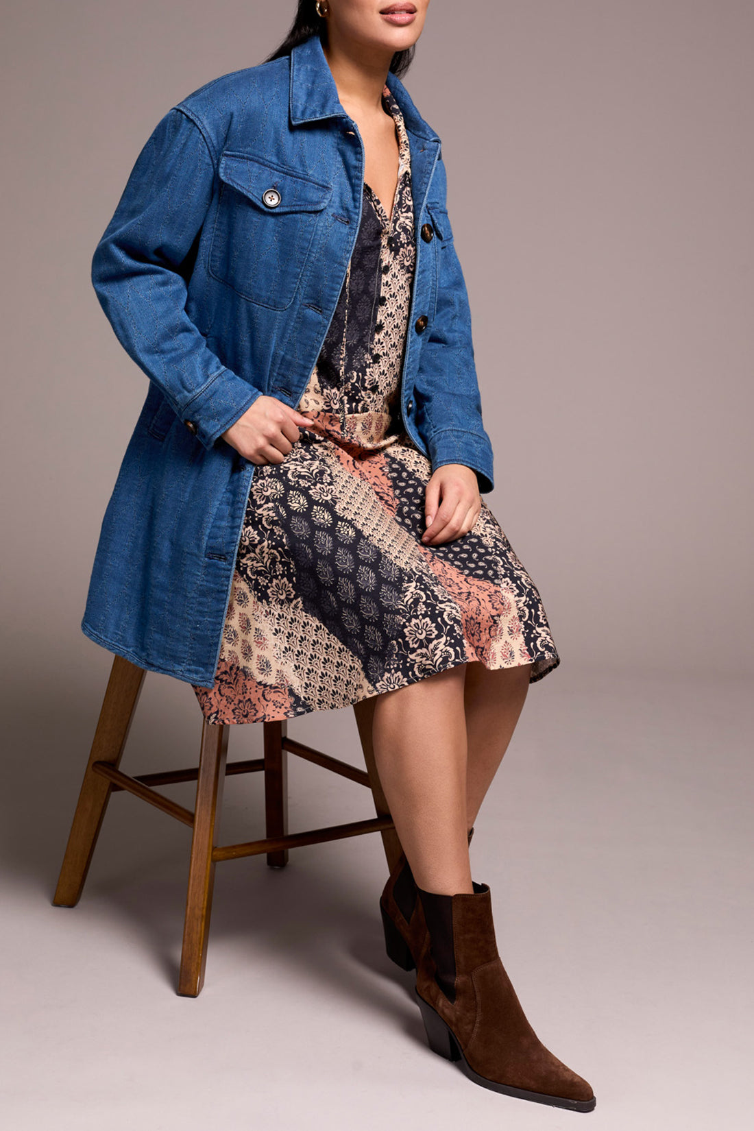 Tribal Long Button Front Quilted Jacket