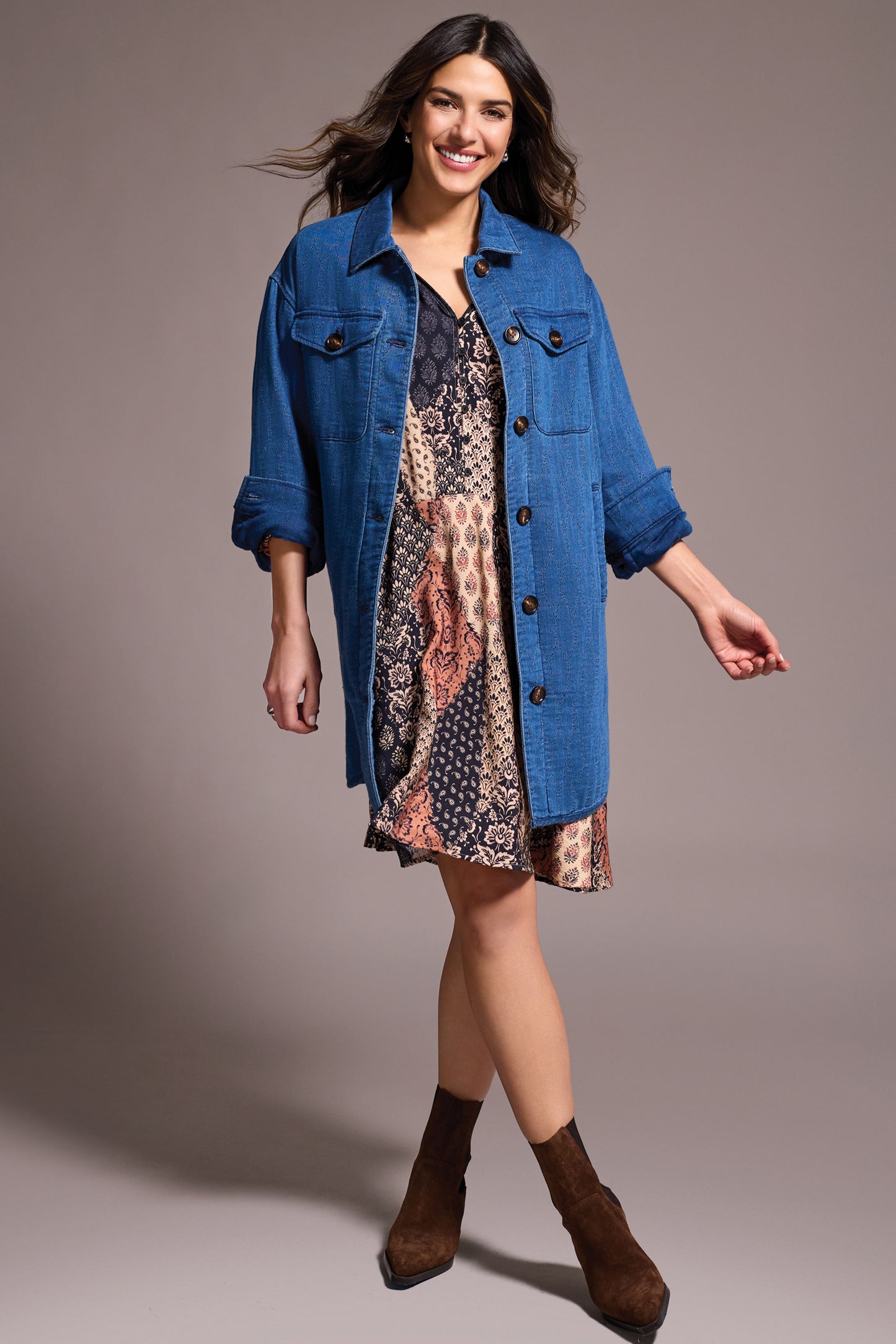 Tribal Long Button Front Quilted Jacket