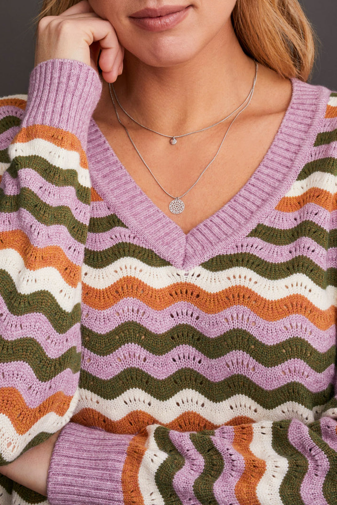 Tribal V-Neck Drop Shoulder Sweater