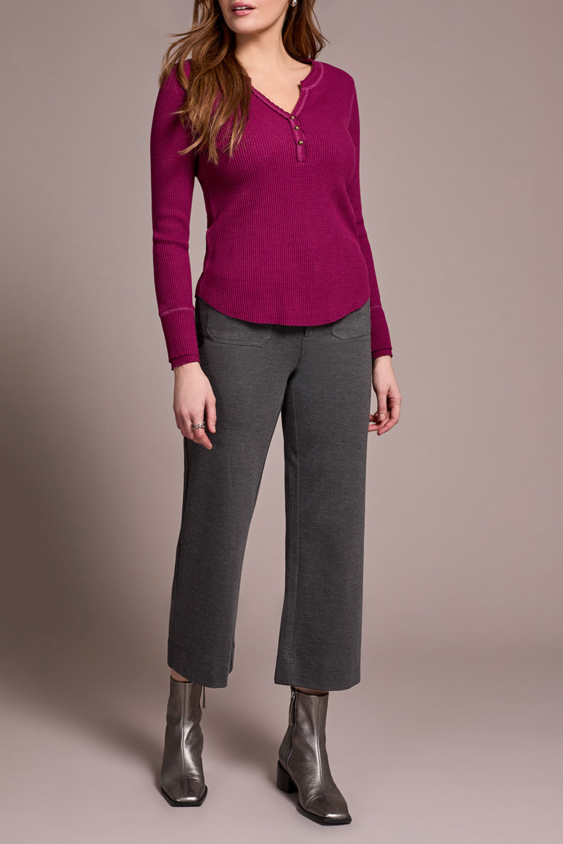 Tribal Brushed Waffle Knit Henley Long Sleeve Top