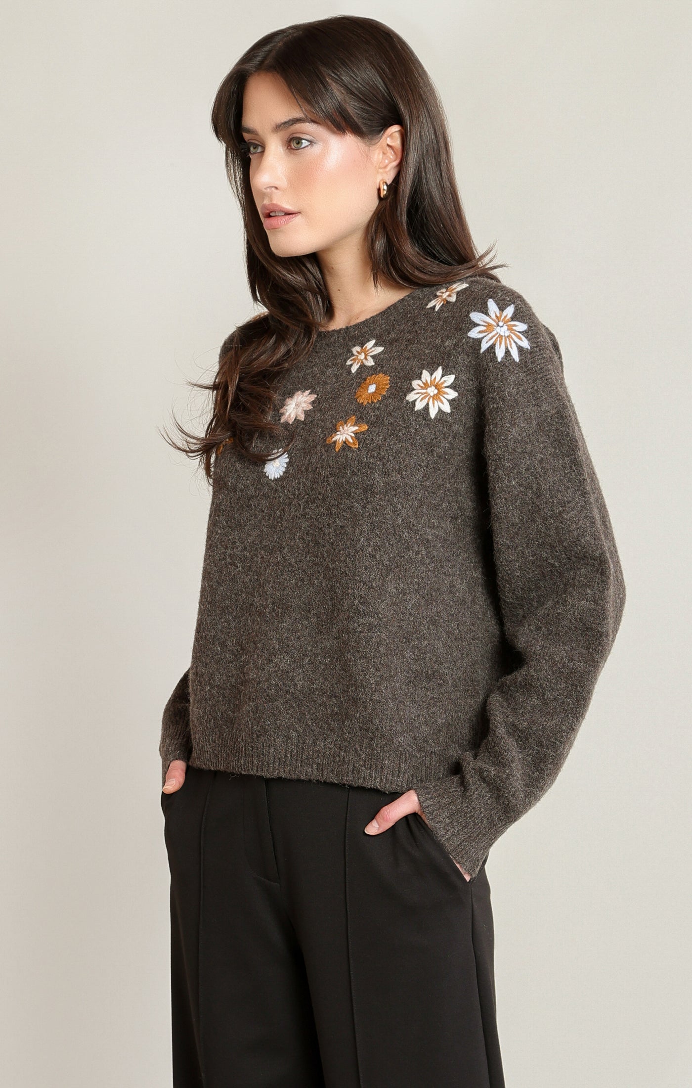 Black Tape Embroidered Flower Sweater