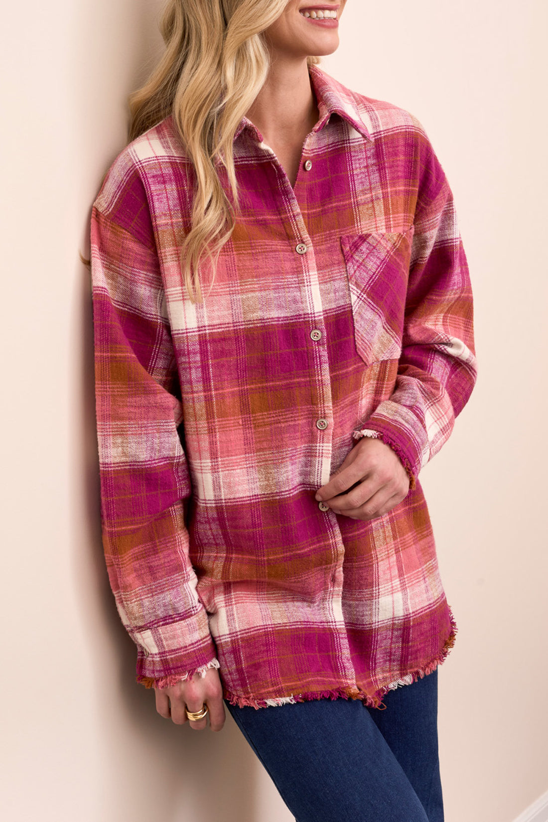 Tribal Plaid Shirt With Fringe Hem