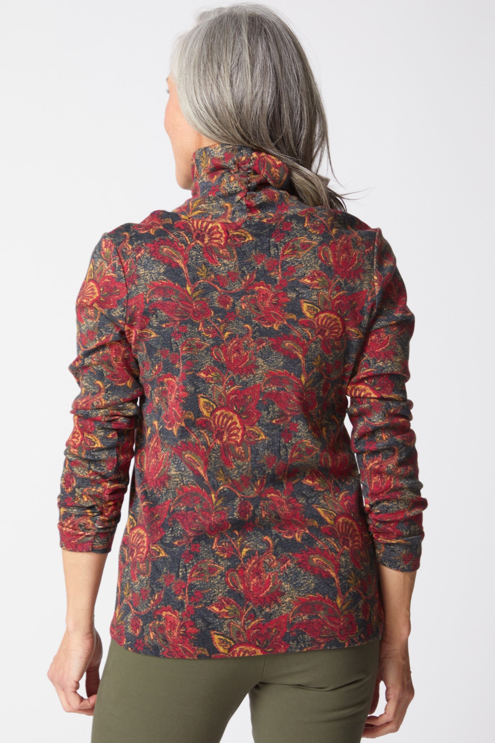 Fall Cozy Rib Paisley Ruched Turtleneck