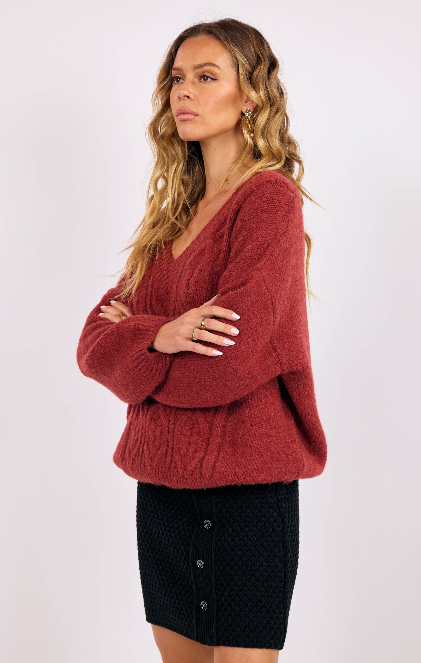 Sage The Label Estella V-Neck Cable Knit Sweater