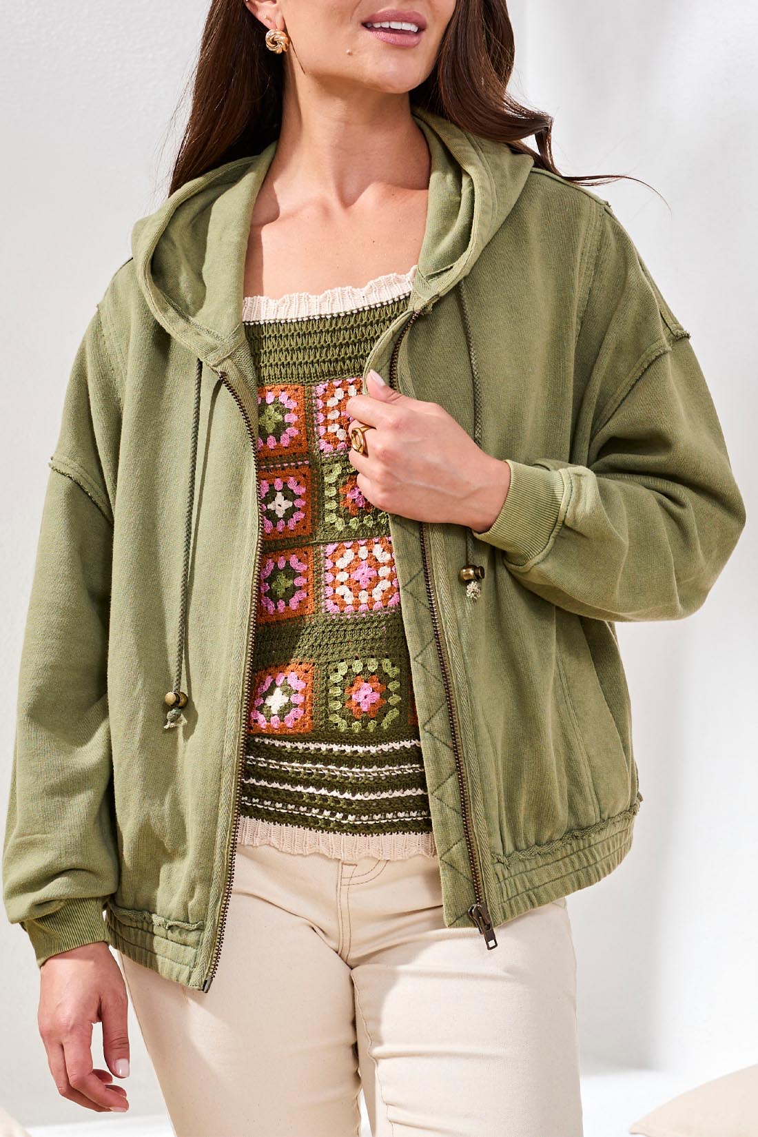 Tribal Puff Sleeve Zip Up Hoodie
