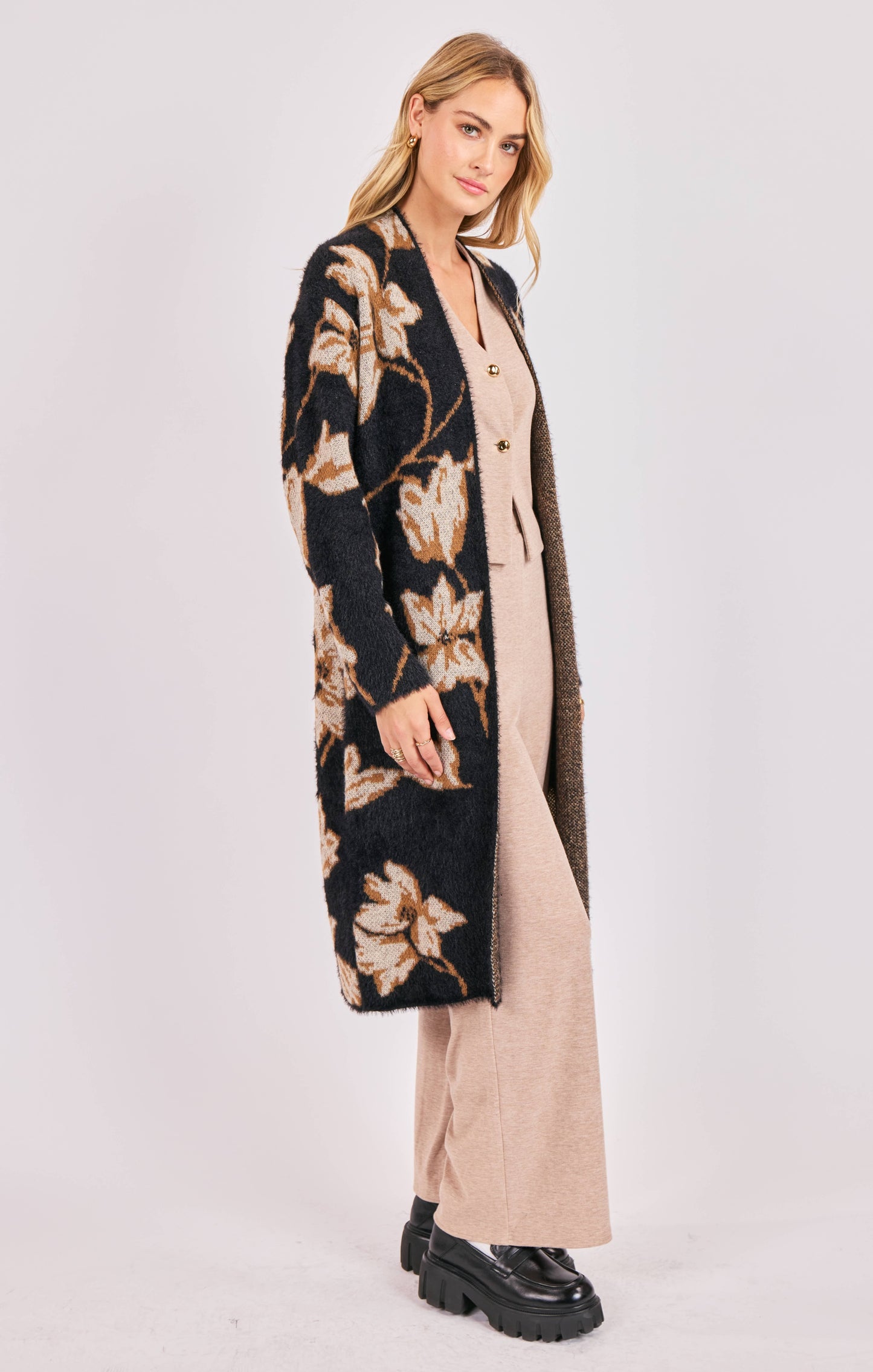 Sadie & Sage Emory Floral Intarsia Open Duster Cardigan